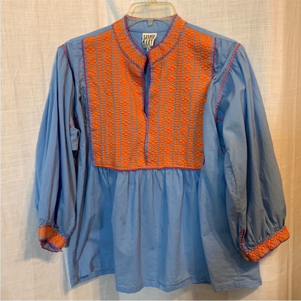 Sister Mary top. Light blue 100% cotton with lots of embroidery detail